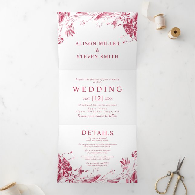 Invitation Trois Volets Viva magenta ligne art fleurs photo mariage (Intérieur)