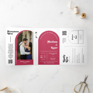 Invitation Trois Volets Viva Magenta Retro Boho Arch Photo QR Code Mariage
