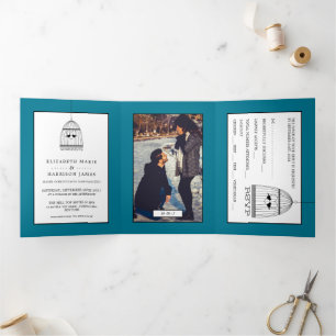 Invitation Trois Volets Voile Coeur vintage, Suite Mariage Bleu Canard