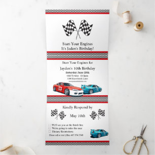Invitation Trois Volets Voiture de course Anniversaire, 10e anniversaire I