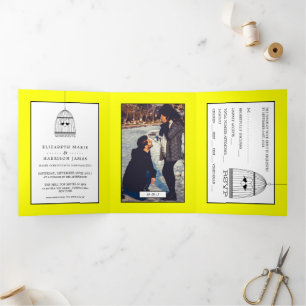 Invitation Trois Volets Volière Coeur vintage, Suite Mariage Jaune citron