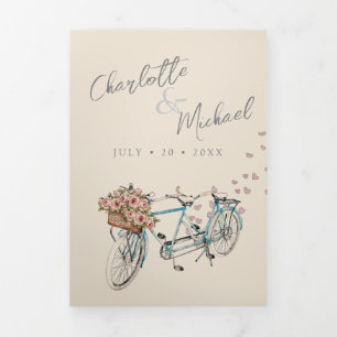 Invitation Trois Volets watercolor tandem vélo avec le coeur mariage Tri-F