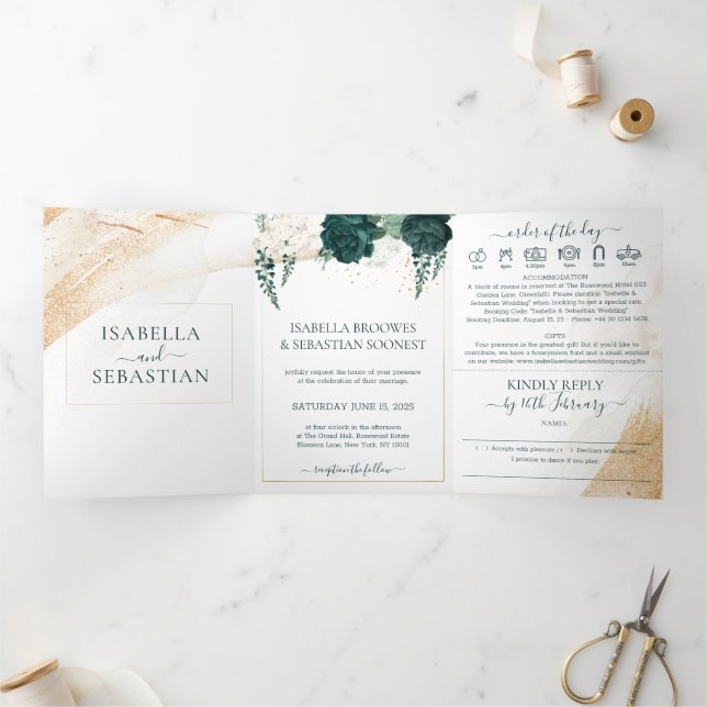Invitation Trois Volets Wedding White All in one set Emerald Green Roses (Intérieur)