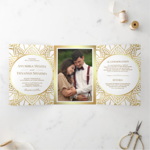 Invitation Trois Volets White and Gold Ethnic Mandala Indian Wedding