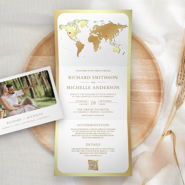 Invitation Trois Volets White Gold World Map QR Code Photo Wedding (Créateur téléchargé)