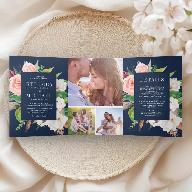 Invitation Trois Volets White Magnolia Blush Pink Floral Navy Blue Wedding (Créateur téléchargé)