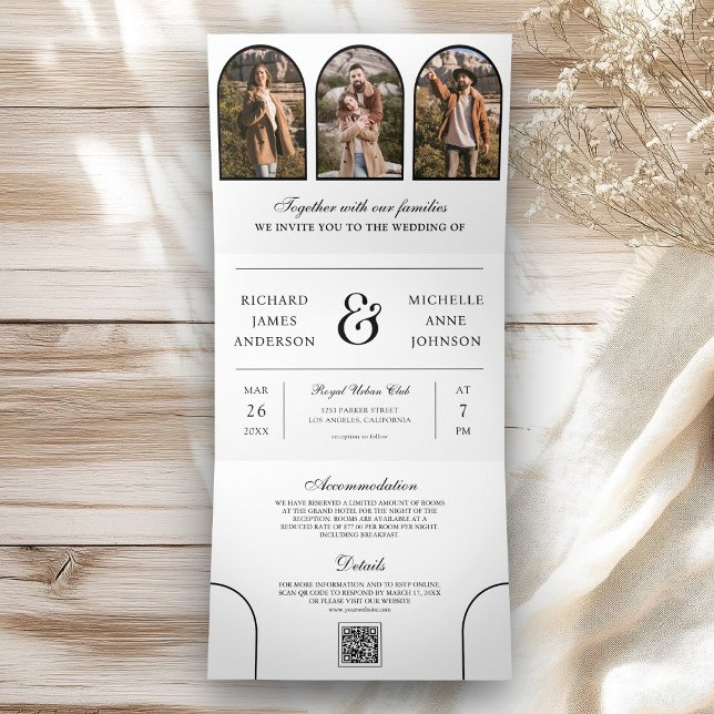 Invitation Trois Volets White Minimal Arch Photo QR code Wedding (Créateur téléchargé)
