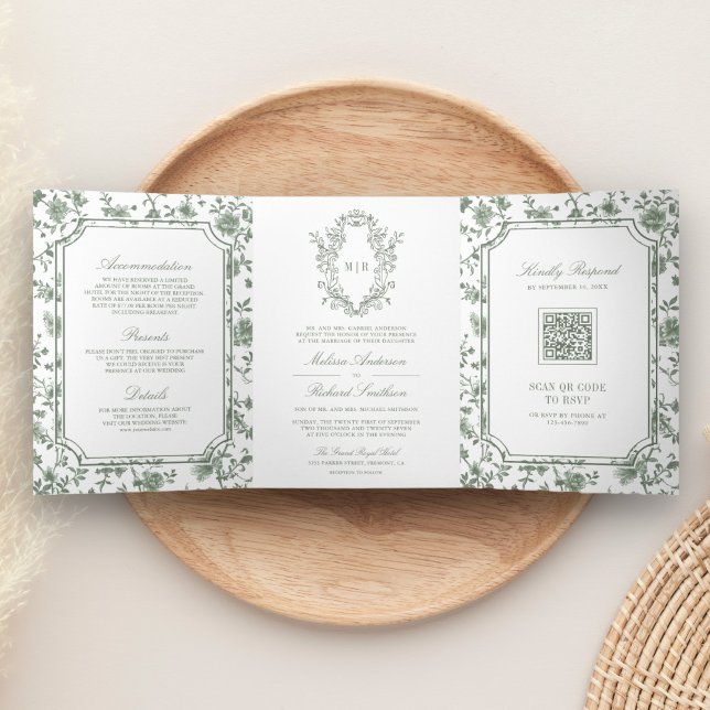 Invitation Trois Volets White Sage Green Chinoiserie Crest QR Code Mariage (Créateur téléchargé)