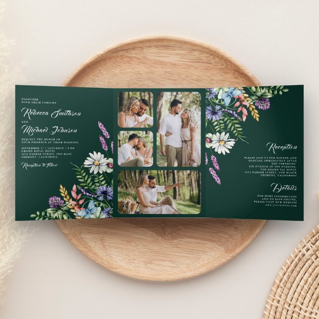 Invitation Trois Volets Wildflower Photo All in One Emerald Green Wedding (Créateur téléchargé)