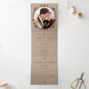 Invitation Trois Volets Winery Deep Burgundy Rouge Floral Mariage de couro