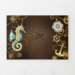 Invitation Trois Volets Wooden Background with Mechanical Seahorse
