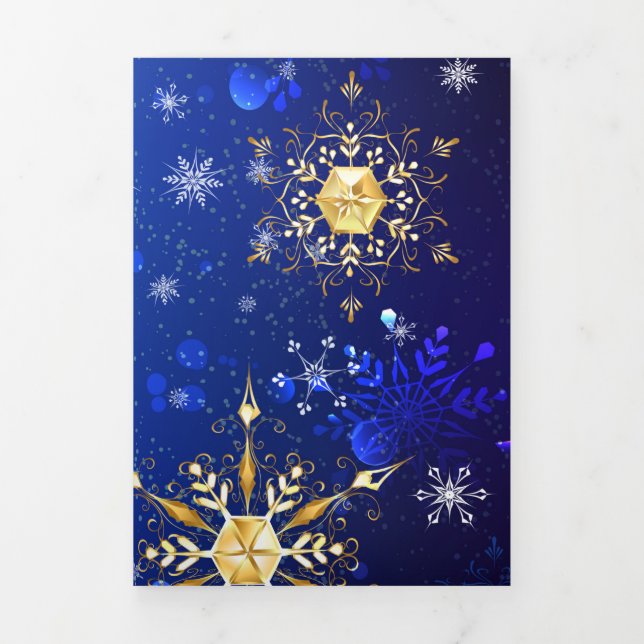 Invitation Trois Volets XMAS Blue Background with Golden Snowflakes (Page de couverture)