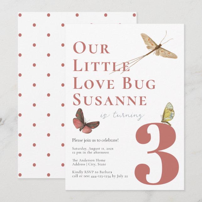 Invitation Troisième anniversaire Amour Bug Baby Girl Invitat (Devant / Derrière)