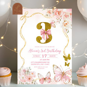 Invitation Troisième anniversaire Bow Coquette Papillon Rose