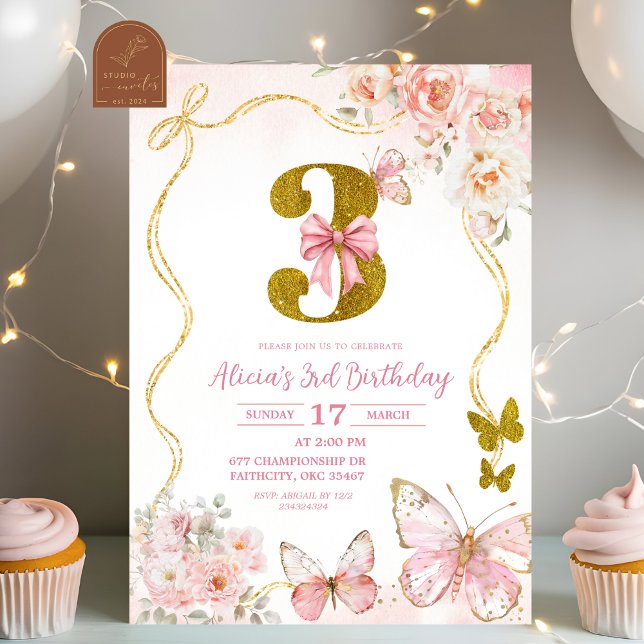 Invitation Troisième anniversaire Bow Coquette Papillon Rose (Créateur téléchargé)