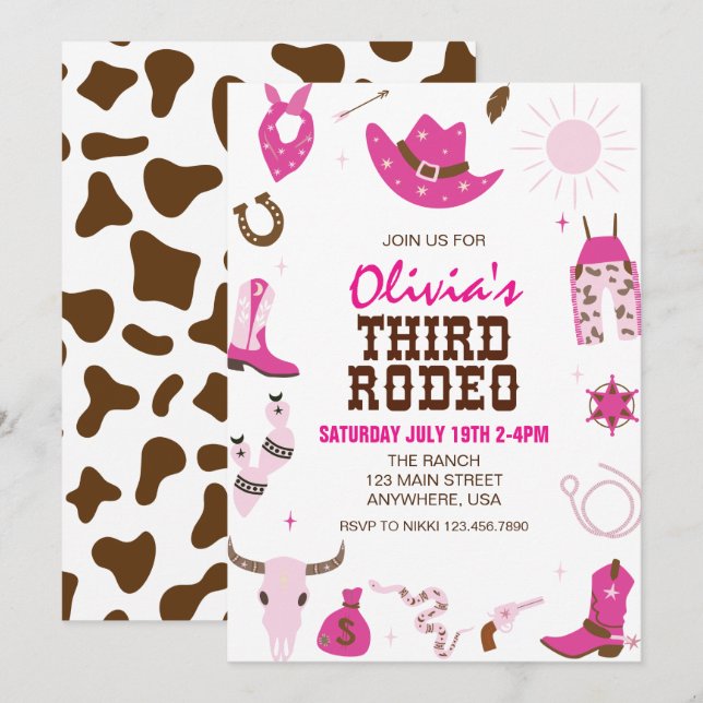 Invitation Troisième rodéo Hot Pink Western 3e anniversaire (Devant / Derrière)