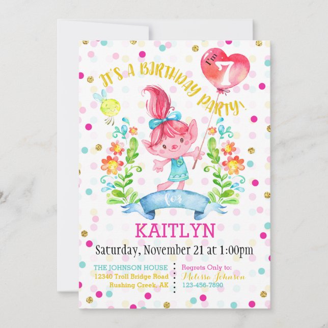 Invitation Troll Fleurs Filles Ballons Septième Anniversaire (Devant)