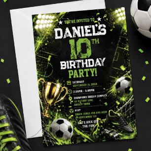 Invitation Trophée de stade de football vert néon pour annive