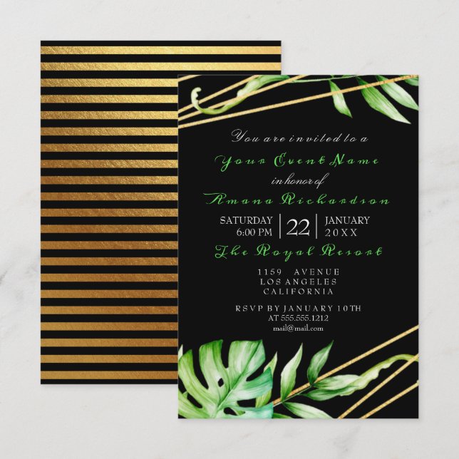 Invitation Tropic Jungle Black White Party stries encadrées (Devant / Derrière)