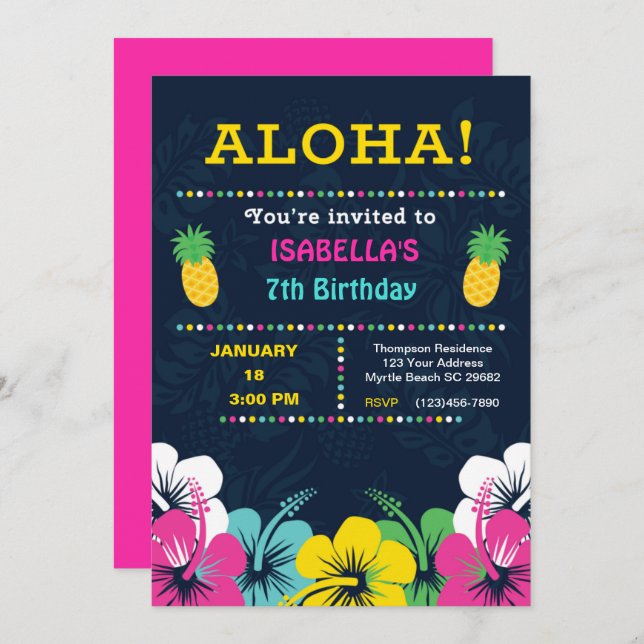 Invitation Tropical 7th Birthday Party (Devant / Derrière)