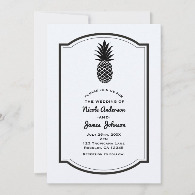 Invitation Tropical Ananas Noir & Blanc Élégant Chic (Devant)