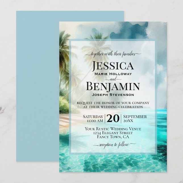 Invitation Tropical Beach Coastal Watercolor Stylish Wedding (Devant / Derrière)