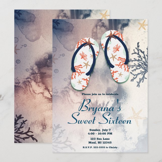 Invitation Tropical Beach Coral Flip Flops Sweet 16 Party (Devant / Derrière)