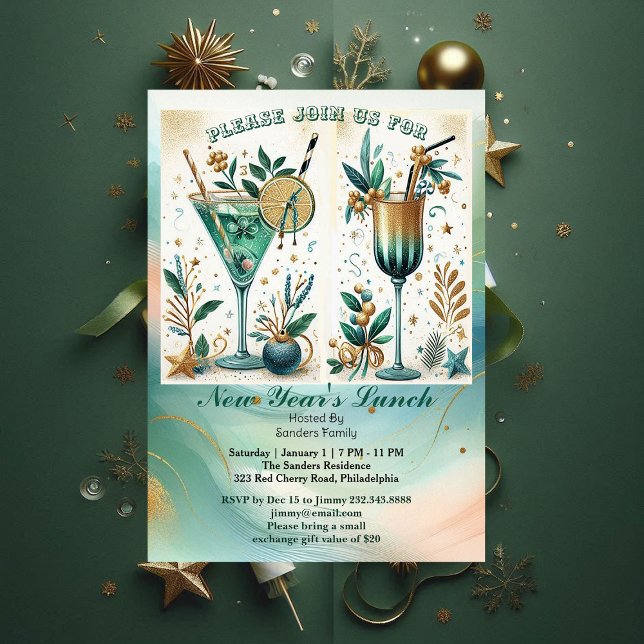 Invitation Tropical Beach Gold Sundowner Cocktail Nouvel An (Tropical Beach Gold Sundowner Cocktail New Year Invitation)