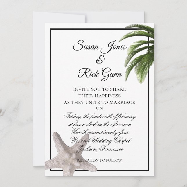 Invitation Tropical Beach Palm Starfish Moderne Mariage blanc (Devant)