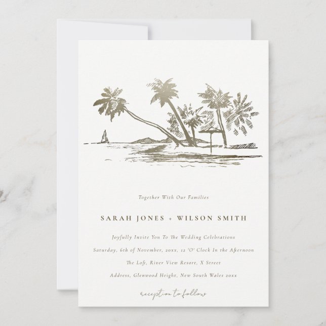 Invitation Tropical Beach Palm Tree croquis Pale Gold Mariage (Devant)
