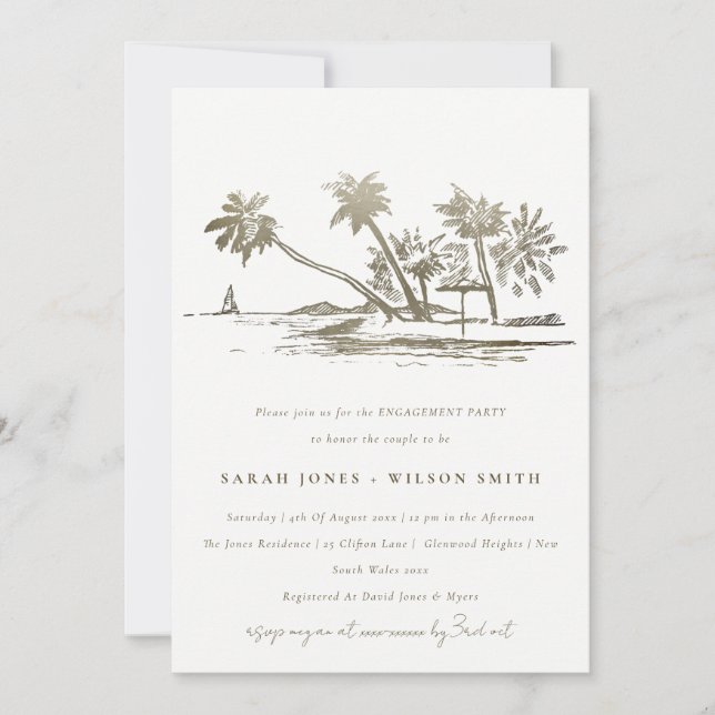 Invitation Tropical Beach Palm Tree Sketch Gold Engagement (Devant)