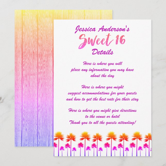 Invitation Tropical Beach Palm Trees Sweet sixteen DÉTAILS (Devant / Derrière)