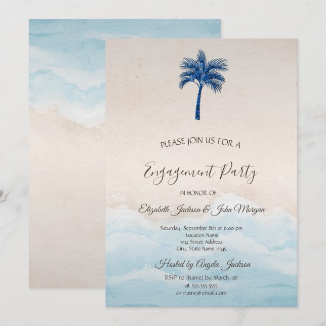Invitation Tropical Beach Parties scintillant Palm Fiançaille (Devant / Derrière)
