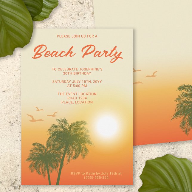 Invitation Tropical Beach Party Sunset Palm Trees Anniversair (Créateur téléchargé)