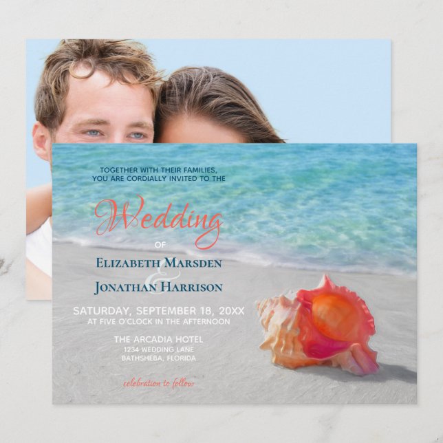 Invitation Tropical Beach Seashell Modern Photo Mariage (Devant / Derrière)
