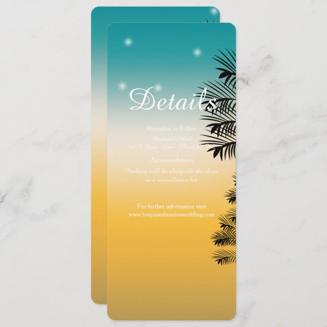 Invitation Tropical Beach Sunset Palm Tree DETAILS Mariage (Devant / Derrière)