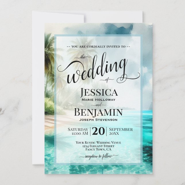 Invitation Tropical Beach Watercolor Stylish Script Wedding (Devant)