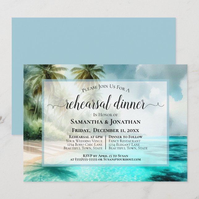 Invitation Tropical Beach Watercolor Wedding Rehearsal Dinner (Devant / Derrière)