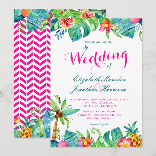 Invitation Tropical Berry rose Turquoise Floral Chevron Maria (Devant / Derrière)