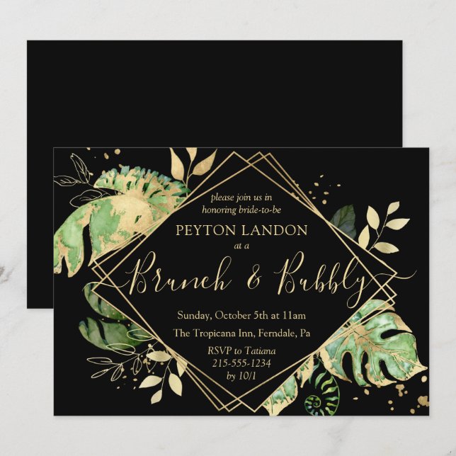 Invitation Tropical Black & Gold Brunch Fête des mariées Bubb (Devant / Derrière)