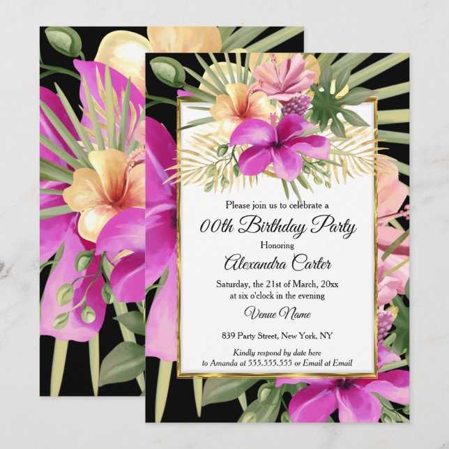Invitation Tropical Black Purple Rose Hibiscus Floral Party (Devant / Derrière)