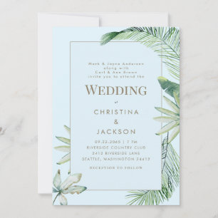 Invitation Tropical Bleu Glacé Verdure Deux Parents Mariage