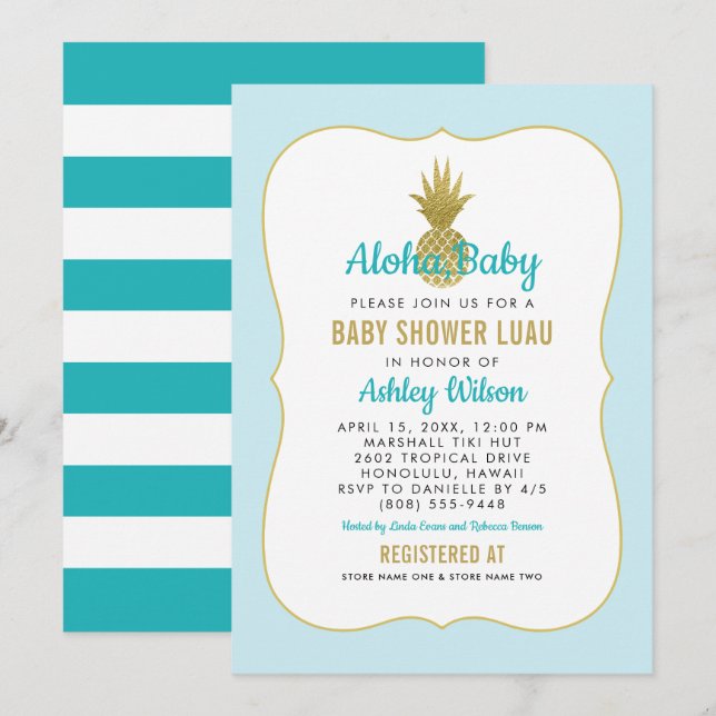 Invitation Tropical Blue Gold Ananas Baby Boy Shower Luau (Devant / Derrière)
