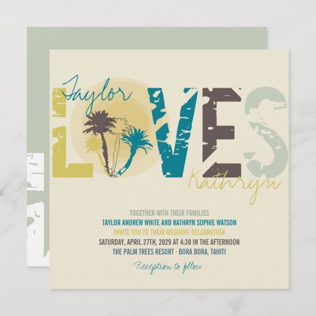 Invitation Tropical Blue Sunset Palm Trees Beach Wedding (Devant / Derrière)