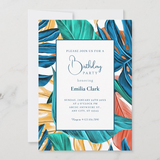Invitation Tropical Blue yelllow leaves birthday (Devant)