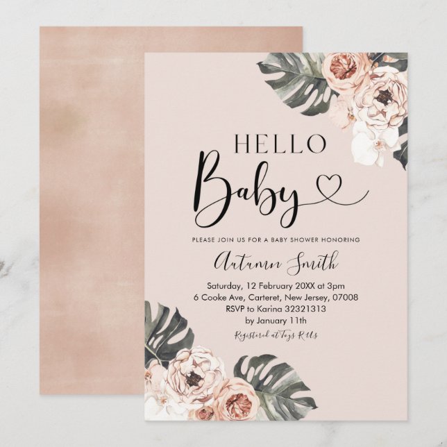 Invitation Tropical Boho Floral Hello Baby Baby shower (Devant / Derrière)