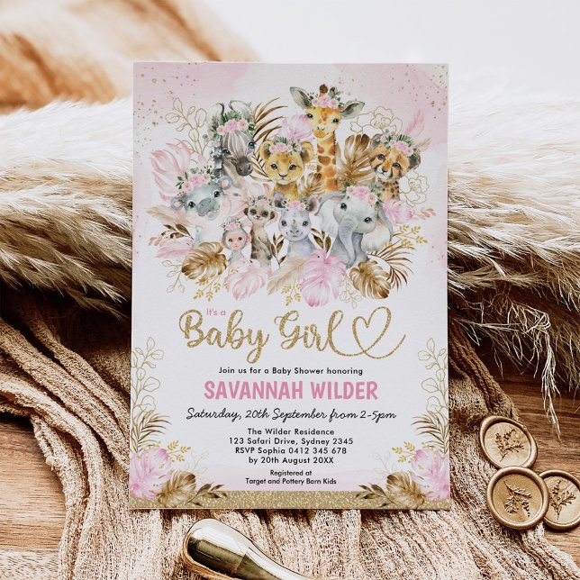 Invitation Tropical Boho Safari bébé fille Blush Gold Douche (Créateur téléchargé)