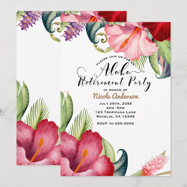 Invitation Tropical Botanical Floral Aloha Retraite (Devant / Derrière)