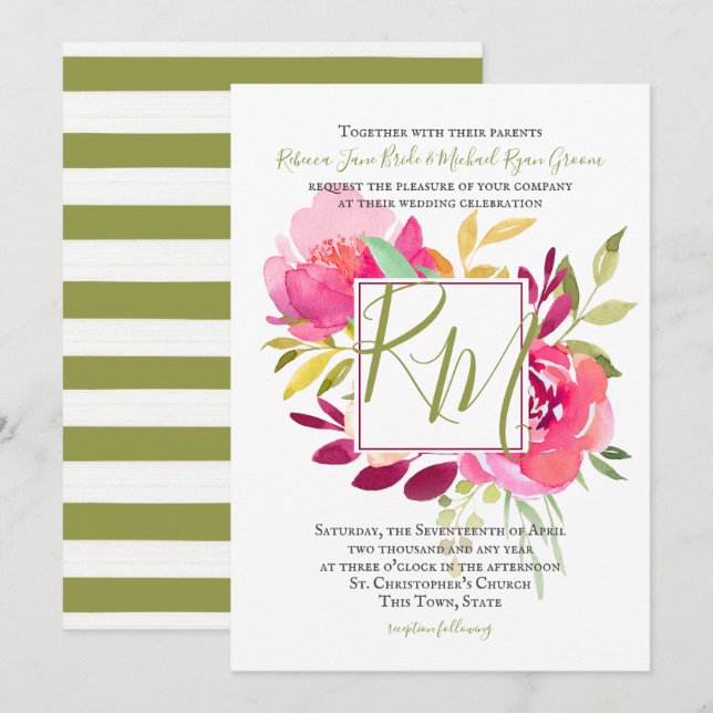 Invitation Tropical Bright Rose Carré cadre Monogramme (Devant / Derrière)