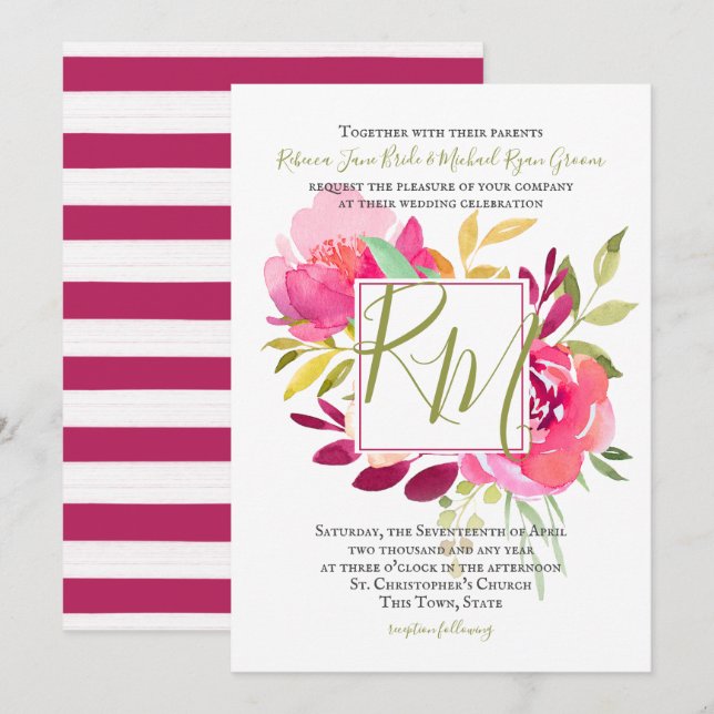 Invitation Tropical Bright Rose Carré cadre Monogramme
